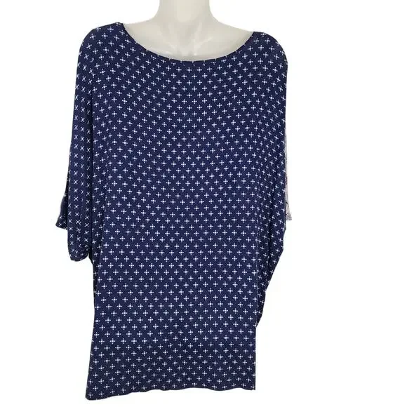 Chico's Patchwork Shirt Women Size 3 US XL Blue Multi Print Bohemian Peasant - Picture 2 of 9